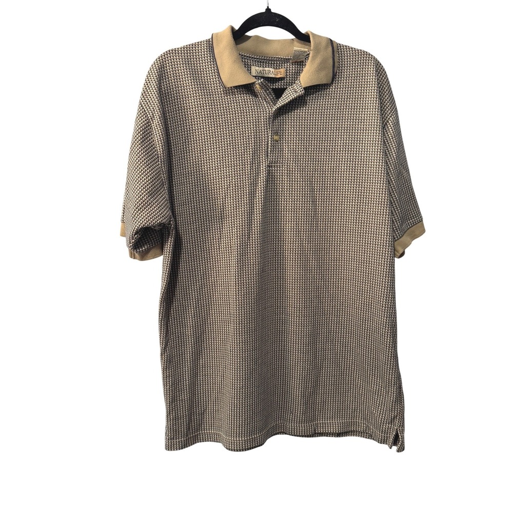 Naturalife Mens Large Tan Brown Micro Check Geometric Knit Short Sleeve Polo vtg